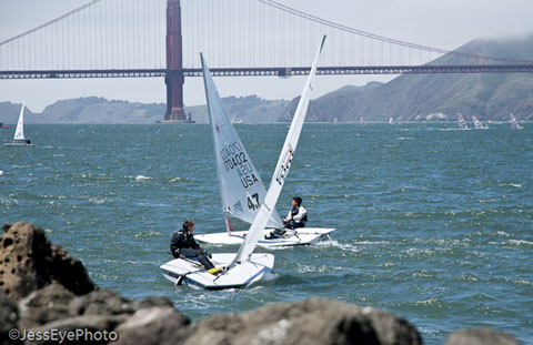 Laser 4.7 racing with Golden Gate Bridge in the background